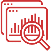 Icon of a magnifying glass focusing on a bar graph within a browser window, depicted in red outline on a light background, indicating data analysis or web analytics.