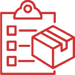 Icon of a clipboard with a checklist and a box next to it, depicted in red outline on a light background, suggesting themes of inventory, shipping, or logistics.