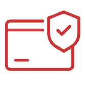 Icon of a credit card with a checkmark on a shield overlay, in red outline on a light background, representing secure payment or transaction.