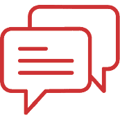 Icon of two overlapping speech bubbles with text lines, in red outline on a light background, representing a conversation or messaging.
